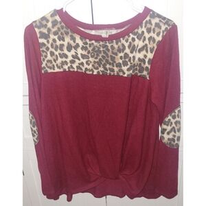 Emerald Leopard Print Color boutique‎ Block Long Sleeve Top Burgundy Size M